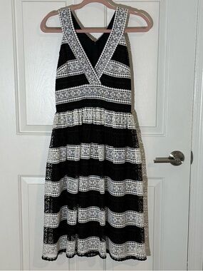 kate spade Black and White Lace Striped V-Neck Midi Dress